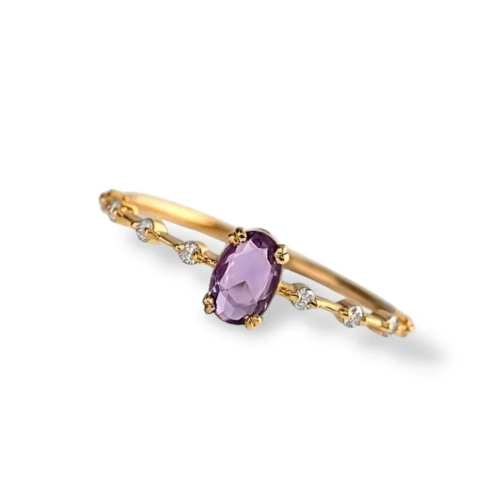 NEW Purple Stone Ring Sz 7 18K Gold Plated CZ Dainty Delicate Wedding Fairy